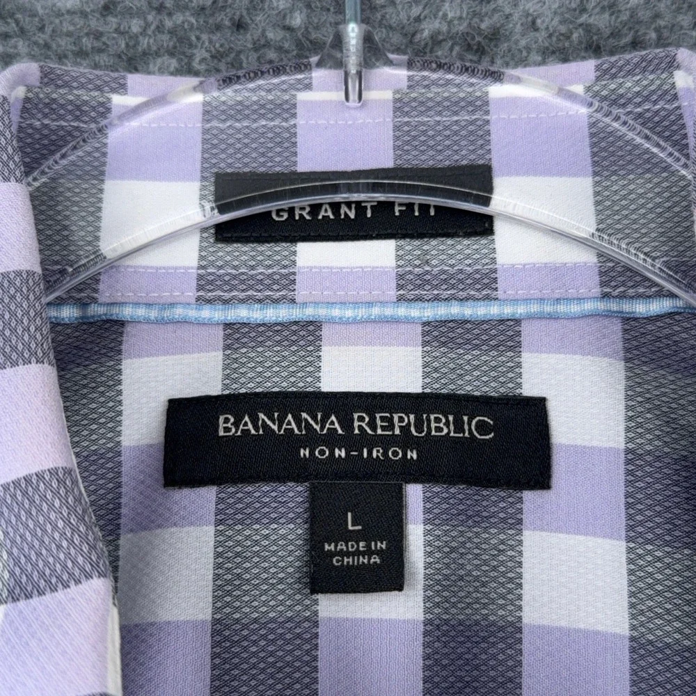 Banana Republic Mens‎ Grant Fit Gingham Non-Iron Cotton Shirt Purple Grey Large